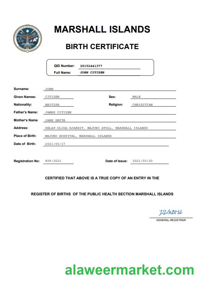 Marshall Islands vital record birth certificate Word and PDF template